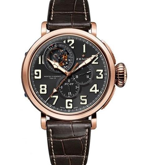 Replica Watch Zenith Pilot Type 20 Tourbillon Moonphase 18.2430.4034/21.C721 Rose Gold - leather Bracelet